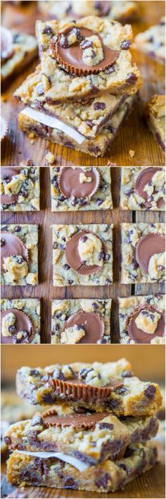 Two-Ingredient Peanut Butter Cup Chocolate Chip Cookie Dough Bars Recipe (GF) - The easiest bars ever and no one will ever guess it! So good!