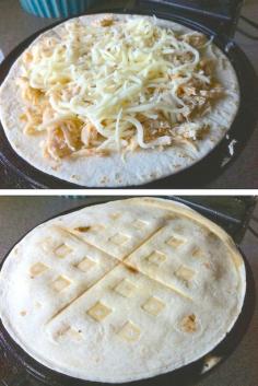 WAFFLE IRON CHICKEN & CHEESE QUESADILLA....For @: cooked/ shredded chicken breast,Shredded mozzarella, 2 small flour tortillas...(shredded: cheese & meat...of choice, also try a bit of salsa/sauce)....just follow technique but make this recipe your own.....Heat waffle iron. Step 1: Spray w/cooking spray. Step 2. Place one small tortilla on bottom of Waffle Maker & stack w/favorite toppings. Step 3: Place 2nd tortilla on top & close waffle maker. Step 4: Cook about 4mins, until done.