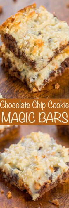 Chocolate Chip Cookie Magic Bars - The classic recipe made even better with a chocolate chip cookie crust!! One bowl, no mixer, fast and easy! Soft, chewy, gooey and SO GOOD!! Mociute used to make these!!