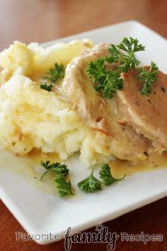 Crock Pot Pork Chops -- Only 4 ingredients, 5 minutes of prep time AND your family will devour it!! You simply can't go wrong with this recipe! [cream of chicken AND cream of mushroom]