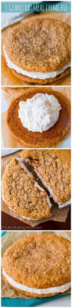 This simple recipe makes 1 Giant Oatmeal Creme Pie – like an old-fashioned Little Debbie, but bigger and better! My next birthday cake :)