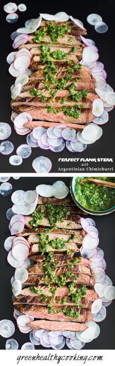 To die for Perfect Flank Steak with Argentinian Chimichurri recipe including instructions on how to make a perfect steak to desired doneness.