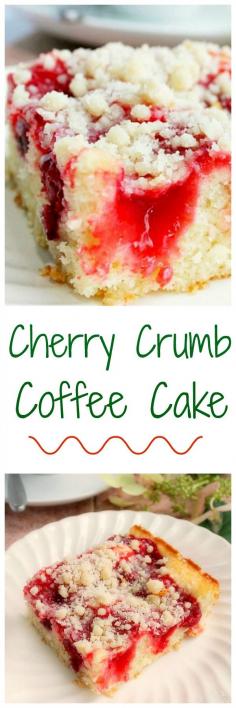 Cherry Coffee Cake with Crumb Topping A delicious easy coffee cake recipe that you can make into different flavors by simply using different pie filling flavors. This is a very easy tender, moist coffee cake made in a 9×13 inch baking pan.
