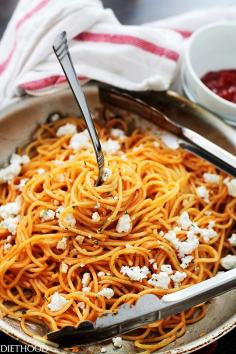 Garlic Pasta with Ketchup and Feta Recipe | Diethood