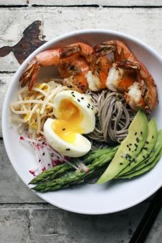 Fresh Soba Noodle Bowl with Garlic Shrimp  Miso Dressing