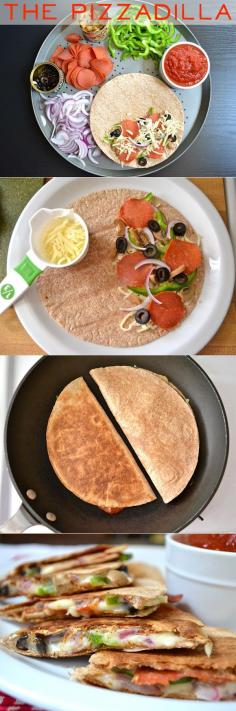 pizzadillas. healthy pizza. I make with low carb wheet tortillas. I like pizza sauce. Daughyer loves veggies.u can make in the oven or skillet and use  whatever you have on hand. Perfect for a quick snack dinner and less carbs!