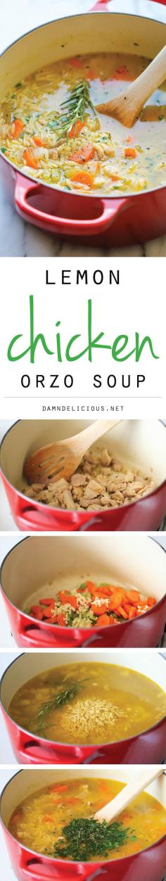 Lemon Chicken Orzo Soup - Chockfulof hearty veggies and tender chicken in a refreshing lemony broth - it's pure comfort in a bowl! by Damn Delicious.