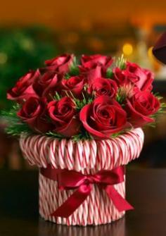 candy cane vase - Stretch a rubber band around a cylindrical vase, then stick in candy canes until you can't see the vase. Tie a silky red ribbon to hide the rubber band. Fill with red and white roses or carnations. Good hostess gift for holiday parties.