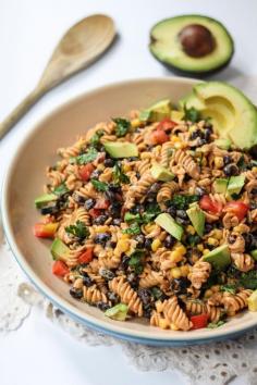 A gluten free, healthy southwest pasta salad with an incredible sweet and spicy chipotle-lime greek yogurt dressing. Protein and fiber packed! #partner #quinoa #glutenfree