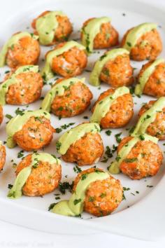 Baked Salmon Meatballs with Creamy Avocado Sauce from Cookin Canuck | Healthy Recipes