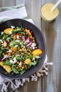 
                    
                        Healthy Peach + Roasted Chickpea Salad Recipe with Peach Lemon Dressing. Perfect light summer dinner | edibleperspective...
                    
                