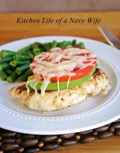 Avocado and Tomato Chicken: bake the chicken breasts for 45 minutes at 300* then top each breast with a few slices of avocado, a slice of tomato, and some harvarti cheese. Put under the broiler until the cheese melts...  Moist, flavorful and delicious!