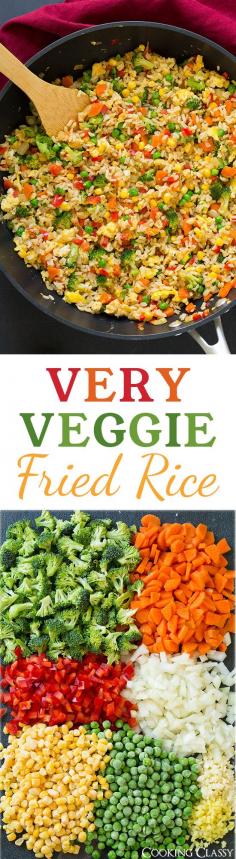 Very Veggie Fried Rice - made healthier with brown rice, eggs, broccoli, red bell pepper, carrots, peas and corn. Can also add chicken to it. Maybe leave out the corn carrots and peas and replace the rice with cauliflower rice.