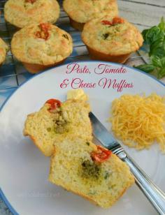 These Pesto, Tomato & Cheese Muffins are soft, bursting with flavor and perfect for breakfast, lunch {lunch box idea!} picnic, or as a savory teatime treat