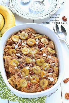 Easy Overnight Banana Pecan Streusel French Toast Bake - An easy and indulgent overnight baked french toast casserole with a creamy banana filling topped with a cinnamon, pecan & brown sugar streusel. by @LifeMadeSweeter