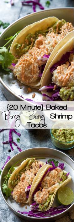 A skinny makeover of a restaurant classic! Skinny Baked Bang Bang Shrimp Tacos combine two of my favorites into one flavorful dish that is ready in 20 minutes! #glutenfree #bangbangshrimp #Mexican #Tacos