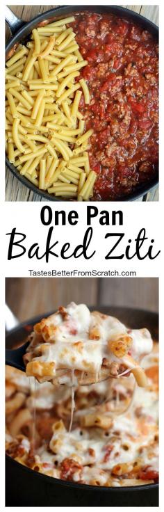 One Pan Baked Ziti recipe. It's fast and delicious-- ready in less than 30 minutes!