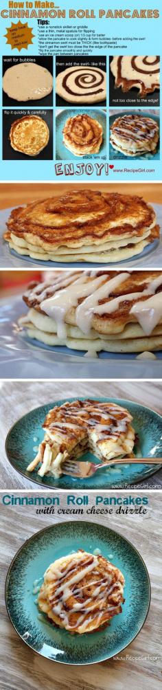 Cinnamon Roll Pancakes. Make your favorite pancake mix, then mix up the cinnamon filling: 2 Tablespoons butter softened, 2 Tablespoons granulated white sugar, 1 Tablespoon brown sugar, 1 Tablespoon ground cinnamon. Use a squeeze bottle to make a thin swirl. Now should I pin this to breakfast recipes or desserts?!?
