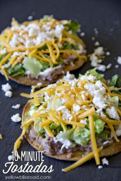 10 Minute Tostadas. These oven baked tostadas are a complete meal and will have dinner on the table in just ten minutes and are so yummy!