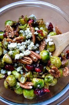 Pan Seared Brussels Sprouts with Blue Cheese, Cranberries, and Pecans - holiday side dish??