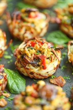 Breakfast Hash Brown Cups. Tender-crisp hash browns topped with eggs, bacon, spinach and mushrooms.