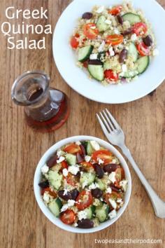 Greek Quinoa Salad Recipe Salads with water, quinoa, salt, grape tomatoes, cucumber, pitted kalamata olives, diced red onions, feta cheese, ground black pepper, salt, olive oil, red wine vinegar, dried oregano
