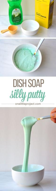 This dish soap silly putty is so EASY! You can whip up a batch in less than 5 minutes using two simple ingredients you likely have in your kitchen already.