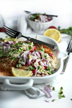 
                    
                        Grilled Salmon with Miso Cream Sauce and Radish-Sprout Relish
                    
                