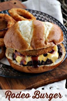 Rodeo Burgers ~ Freshly Grilled Hamburger Topped with Cheese, BBQ Sauce and an Onion Ring on a Pretzel Bun! (also wondering about doing a Rodeo Joe - w/BBQ sloppy joe, on a "big beef" sesame seed buns)