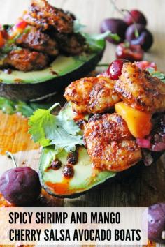
                    
                        Quick and easy, spicy flavorful shrimp are topped with mango cherry salsa, and served in half an avocado. Click over to get the recipe for your new favorite weeknight meal!
                    
                