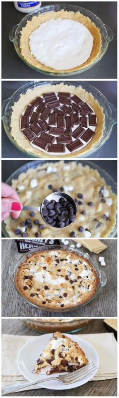 Jton would love this   S’mores Pie: 1 stick Softened Butter; ½ c White Sugar; 1 Egg; 1 t Vanilla; 1 c Flour; 1 c Graham Cracker Crumbs; 1 t Baking Powder; 7 ounces, weight Container Of Marshmallow Creme; 8 whole (1.55 Oz Bars) Hershey's Chocolate Bars, Unwrapped; 1 c Marshmallows; ¼ c Chocolate Chips