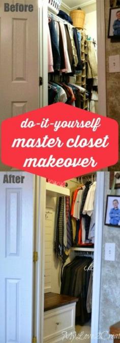 Amazing master closet makeover! Storage towers, built-in laundry hampers, and a mudroom-style bench with a drawer make this closet functional and beautiful!