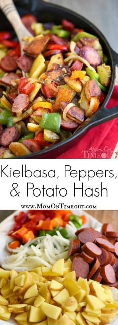 So yummy with sweet potato. This Kielbasa, Peppers, and Potato Hash is a delicious and easy dinner recipe that takes just 20 minutes and one skillet! Full of fresh veggies and turkey kielbasa makes this dinner both nutritious and filling! | MomOnTImeout.com
