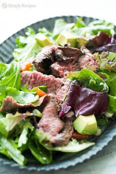 Steak Salad ~ Quick and easy steak salad with thin slices of steak served over arugula and lettuce greens, goat cheese, scallions, avocado, and bell pepper.  Serve with lemon vinaigrette. ~ SimplyRecipes.com