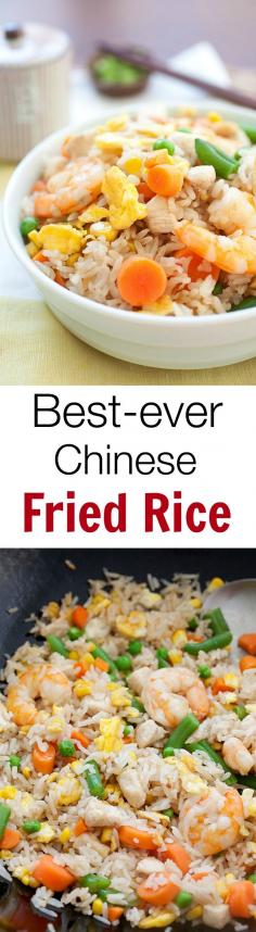 Fried Rice - easy Chinese fried rice recipe with rice, eggs, chicken, shrimp and tastes SO MUCH better than takeout!! | great dinner recipe.