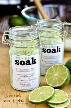 DIY Gifts : Good Ideas For You | DIY Lime Mint Foot Soak - DIY Refashion  To make the foot soak, combine 2 cups of Epsom salts with 1/2 cup baking soda and zest of one lime in a large bowl, and add  3-4 drops of lime essential oil and 3-4 drops of peppermint essential oil. Stir with wooden spoon to mix thoroughly. (optional, you could add just a drop of green food coloring if you’d like) Pour the mixture into a jar or bag, and use within a few weeks.