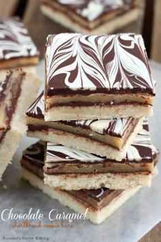 Chocolate Caramel Shortbread Cookie Bars Recipe ~ Buttery shortbread topped with ooey gooey caramel and silky ganache, these layer cookie bars will cure any cravings