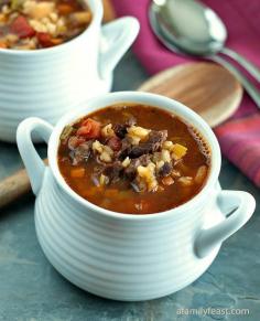 A delicious and rich Beef and Barley Soup - perfect comfort food!