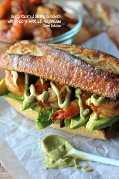 Spicy Roasted Shrimp Sandwich with Chipotle Avocado Mayonnaise recipe