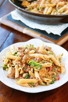 Cheesy Chicken Bacon Broccoli Pasta     8 slices thick cut bacon, cut into bite-sized pieces     1 pound chicken breasts onion 3-4 cloves garlic, minced 4 cups broccoli florets, chopped into bite-sized pieces 2 cups low-sodium chicken broth 1 (10 oz) can Ro-Tel tomatoes and green chiles 1 cup heavy cream 8 oz penne pasta 1 teaspoon salt and pepper, each 1 cup sharp cheddar cheese