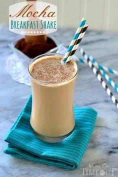 Mocha Breakfast Shake - 6 oz Greek Yogurt (sub ice cubes) 1 tsp espresso powder, ground coffee, instant coffee - whatever you have on hand 1 tsp unsweetened cocoa powder 1 small frozen banana 1/3-1/2 cup milk depending on desired consistency 1 scoop of protein powder (optional)