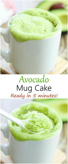 
                    
                        Avocado Mug Cake. A naturally spring green cake that is ready in 5 minutes.
                    
                