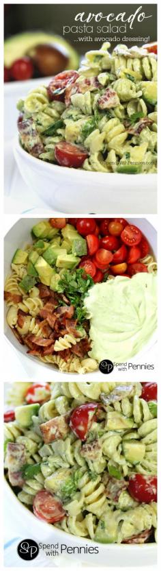 Cold pasta salads are the perfect & satisfying quick dinner or lunch! This delicious pasta salad recipe is loaded with avocados, crispy bacon & juicy cherry tomatoes tossed in a homemade avocado dressing!: Homemade Avocado, Delicious Pasta, Pasta Salad Recipes, Cherry Tomatoes, Avocado Pasta Salads, Avocado Dresses, Crispy Bacon, Cherries Tomatoes, Cold Pasta Salads