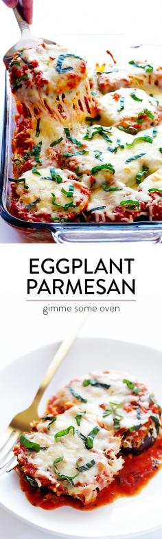 
                    
                        Baked Eggplant Parmesan -- made lighter with a few simple tweaks, yet it still tastes like the comfort food we all love! | gimmesomeoven.com
                    
                