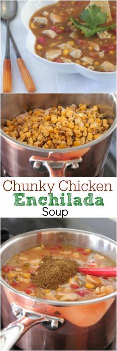 Chunky Chicken Enchilada Soup, simple and delicious weeknight dinner! #dinner #soup #chicken
