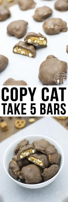 Copy Cat Take 5 Bars - These homemade take 5 bars are just as good as the real thing. The great flavors of smooth and creamy peanut butter and caramel, salty and crunchy pretzels and peanuts all covered in delicious chocolate. You won't want to miss these delicious homemade candy bars!