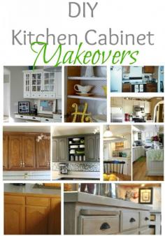 DIY Kitchen Cabinet Makeovers...love the corner pic of white cabinets with glass doors. good idea for our weird desk cabinet in new house.