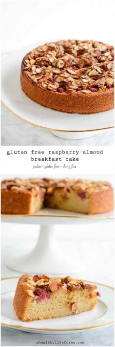 Gluten Free and Dairy Free Raspberry Almond Breakfast Cake is moist, dense, delicious, paleo, dairy free - A Healthy Life For Me