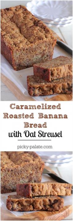 Caramelized Roasted Banana Bread with Oat Streusel! Beautiful and delicious banana bread! #QuakerUp #bananabread #baking #recipe