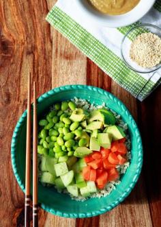 Veggie Roll Rice Bowl with Creamy Sesame-Wasabi Dressing recipe - All the flavors of veggie sushi rolls, in the form of a tasty and satisfying grain bowl.